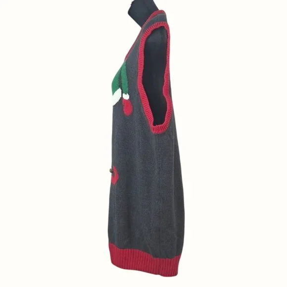 Ugly Christmas Sweater Womens Elf Vest Large Gray & Red Knit Holiday Top - Picture 2 of 9